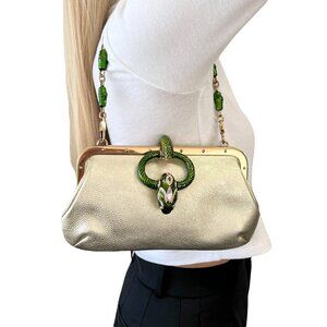 GUCCI Vintage 2004 Bamboo Chain Shoulder Bag Rhinestone Snake Gold [106051]
